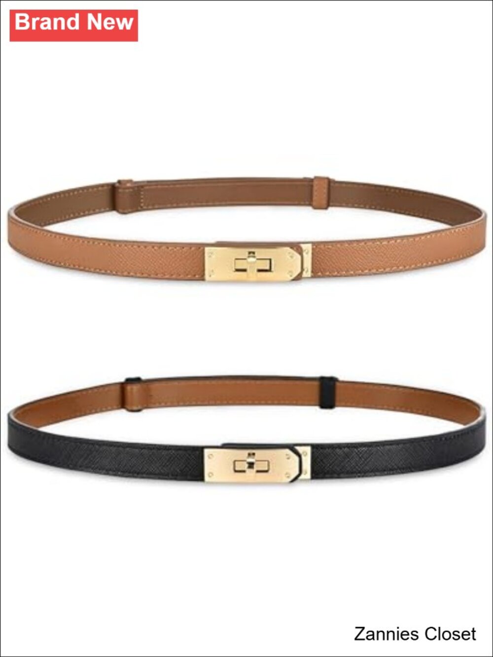 ✨ Women's Skinny Leather Belt with Adjustable Golden Turn-Lock Buckle for